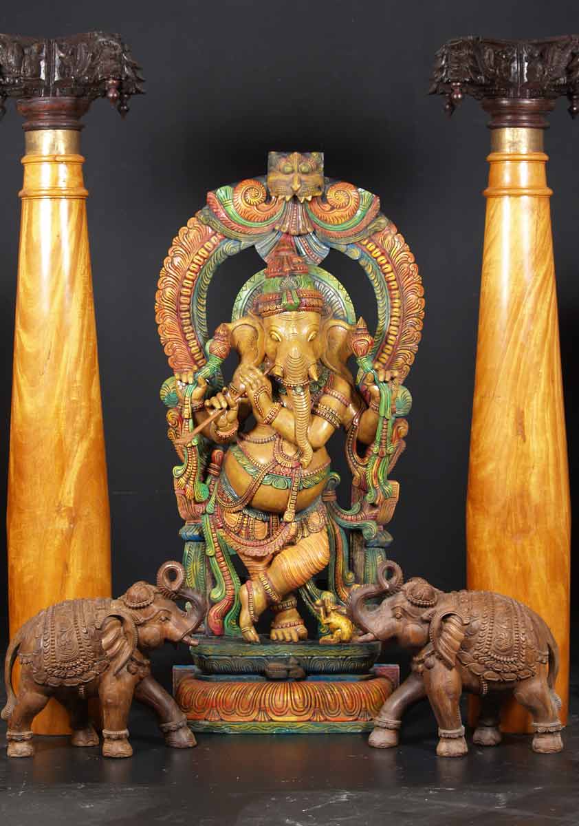 Wooden Gopal Ganesh Statue Playing Flute 72"